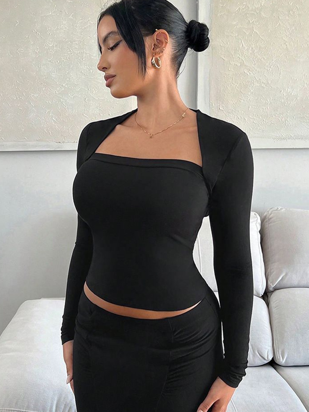 

StyleCast Women Solid Square Neck Top, Black