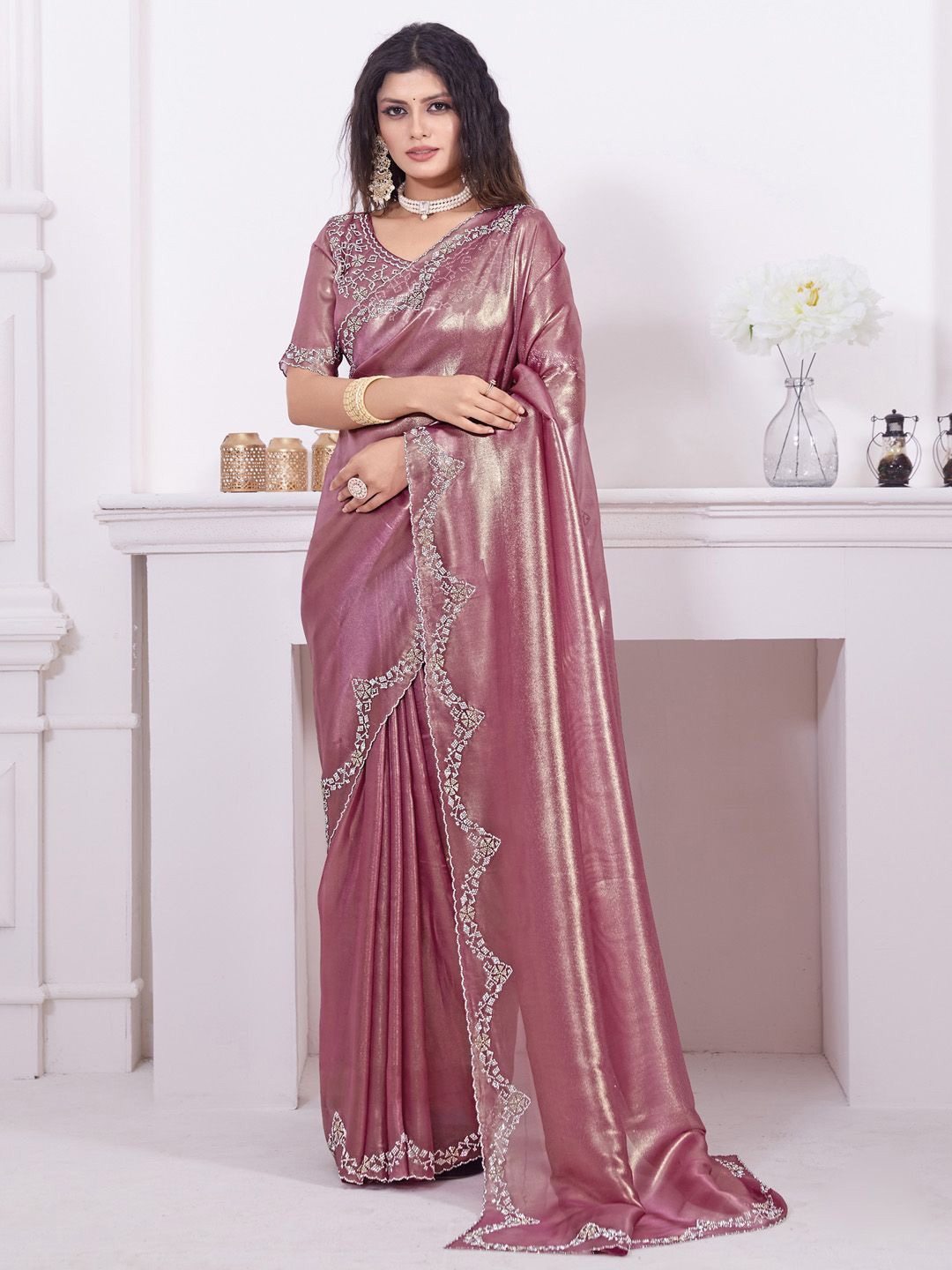 

Anouk Beads and Stones Organza Saree, Burgundy