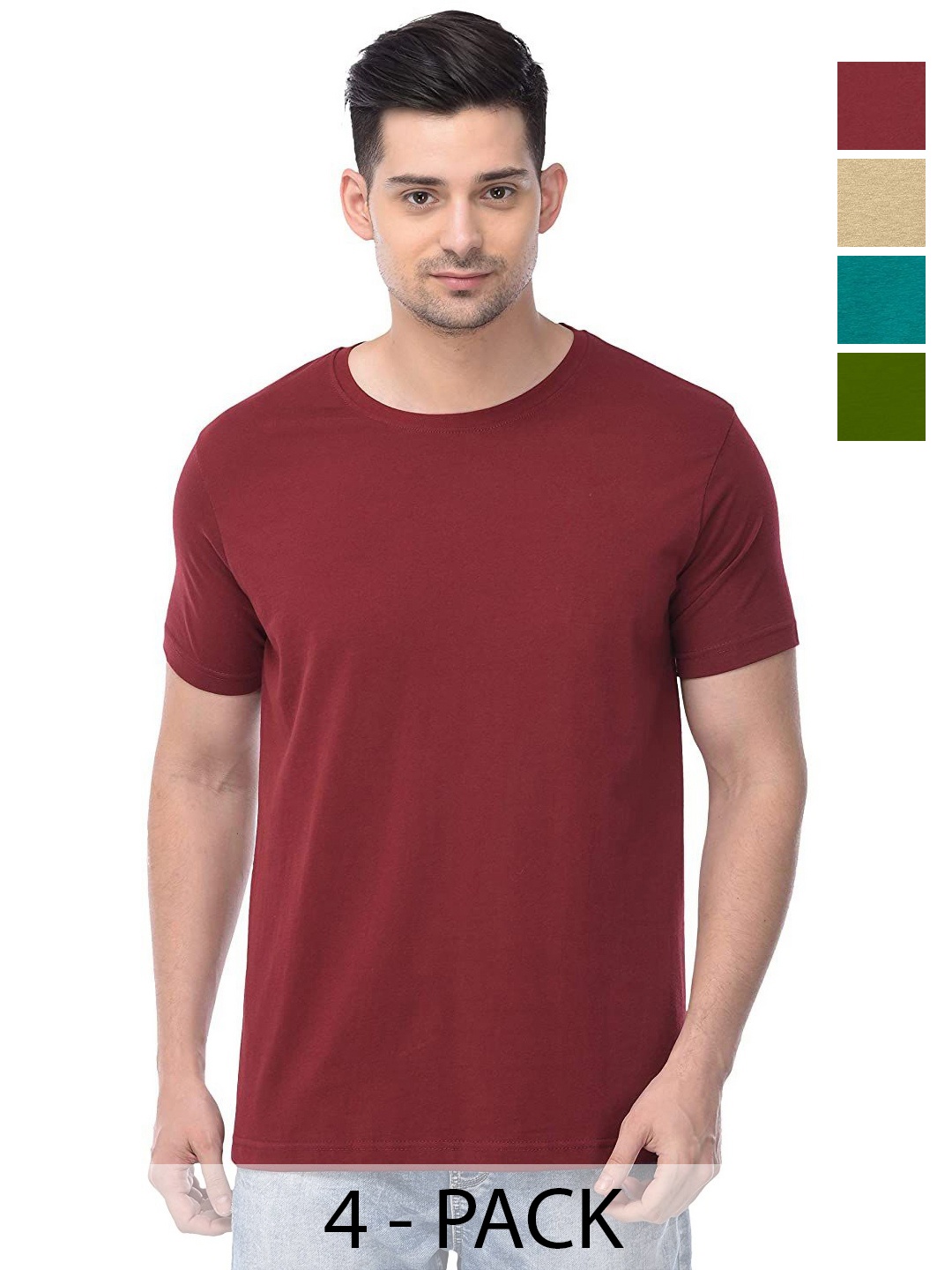 

COLOR CAPITAL Unisex Pack Of 4 Solid Round Neck Cotton T-shirts, Maroon