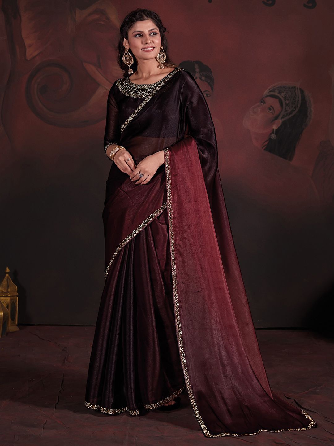 

Anouk Ombre Beads and Stones Designer Saree, Maroon