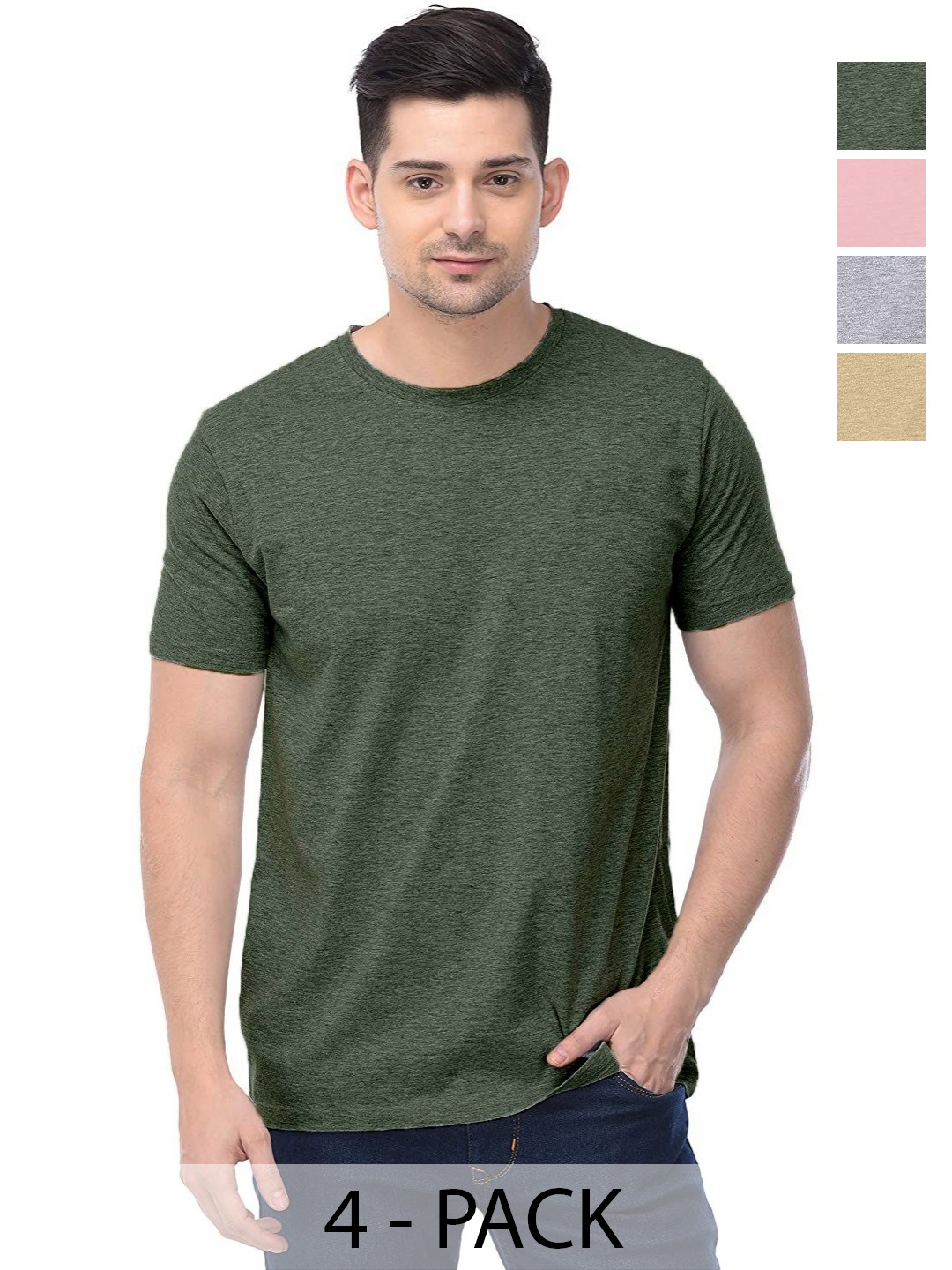 

COLOR CAPITAL Unisex Pack Of 4 Solid Round Neck Cotton T-shirts, Olive