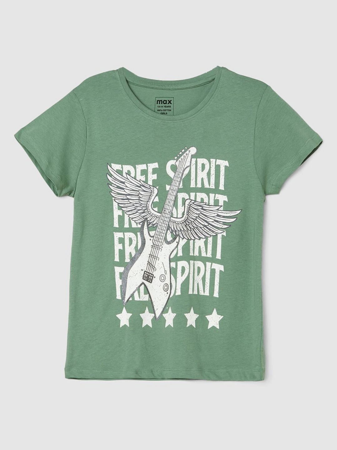 

max Girls Typography Printed Round Neck Cotton T-shirt, Green