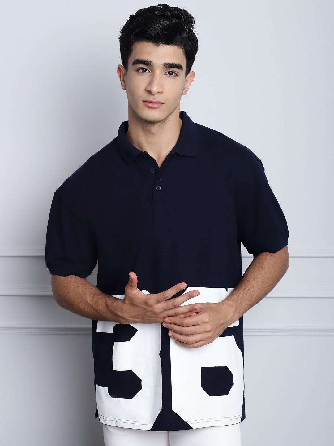 

DOOR74 Men Typography Printed Polo Collar Cotton Oversized T-shirt, Navy blue