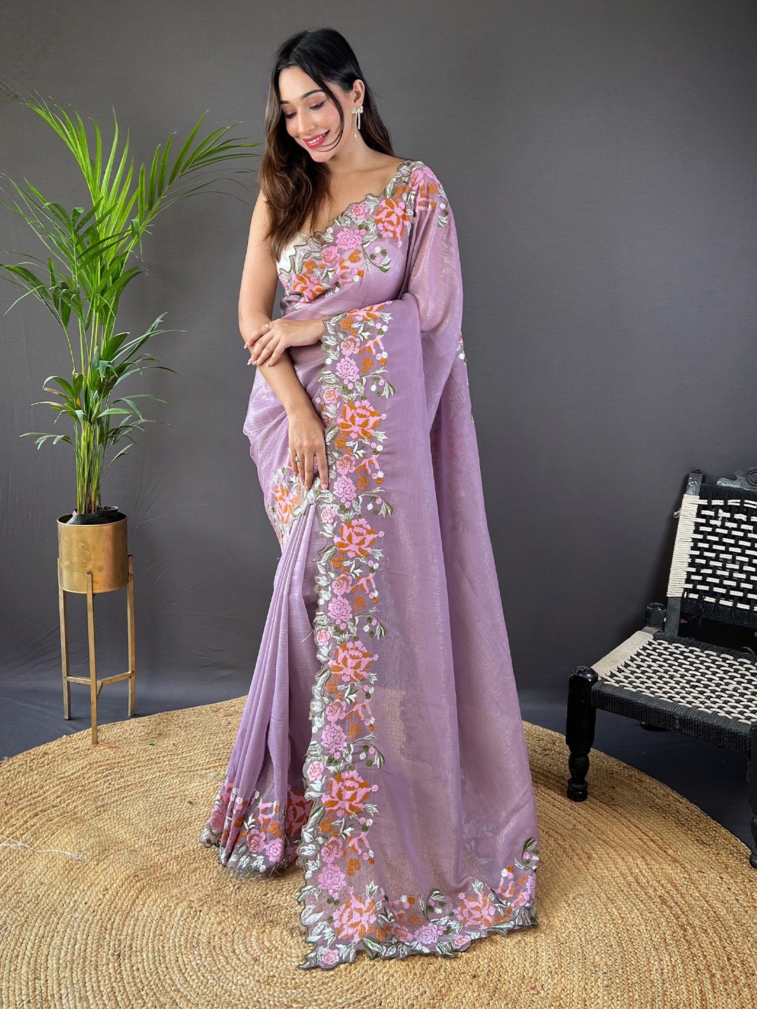 

RV CREATION Solid Embroidered Saree, Purple