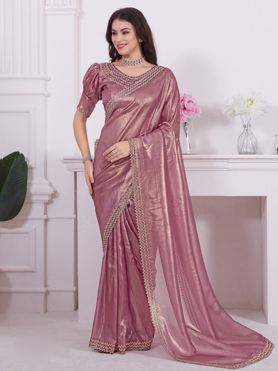 

Anouk Beads and Stones Embellished Solid Organza Saree, Pink