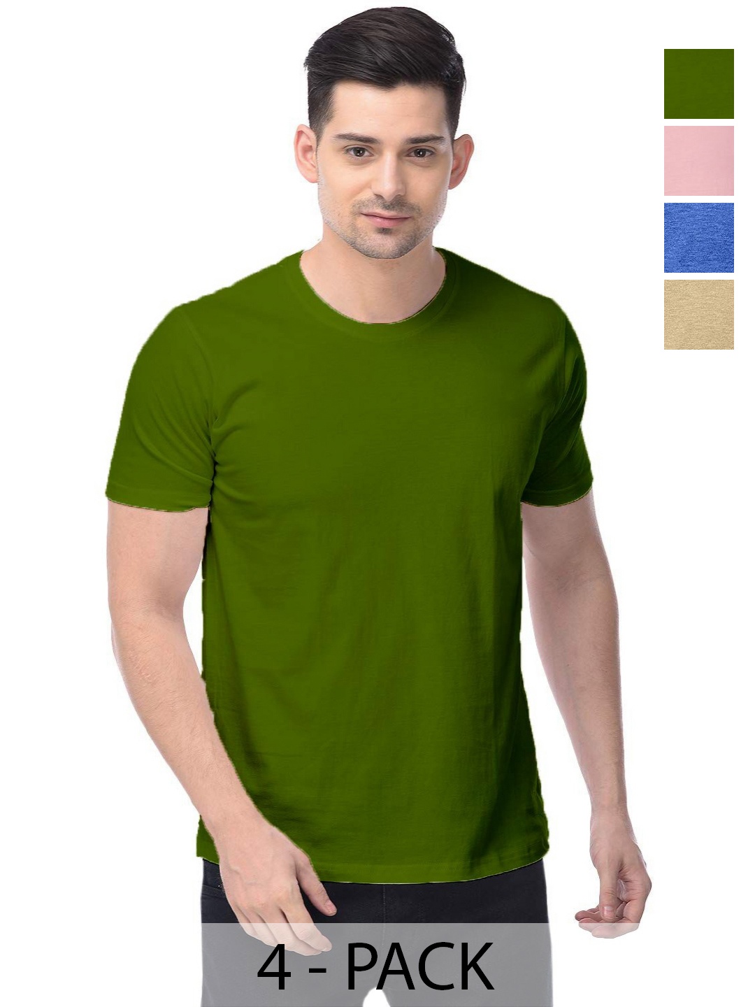 

COLOR CAPITAL Unisex Pack Of 4 Solid Round Neck Cotton T-shirts, Olive