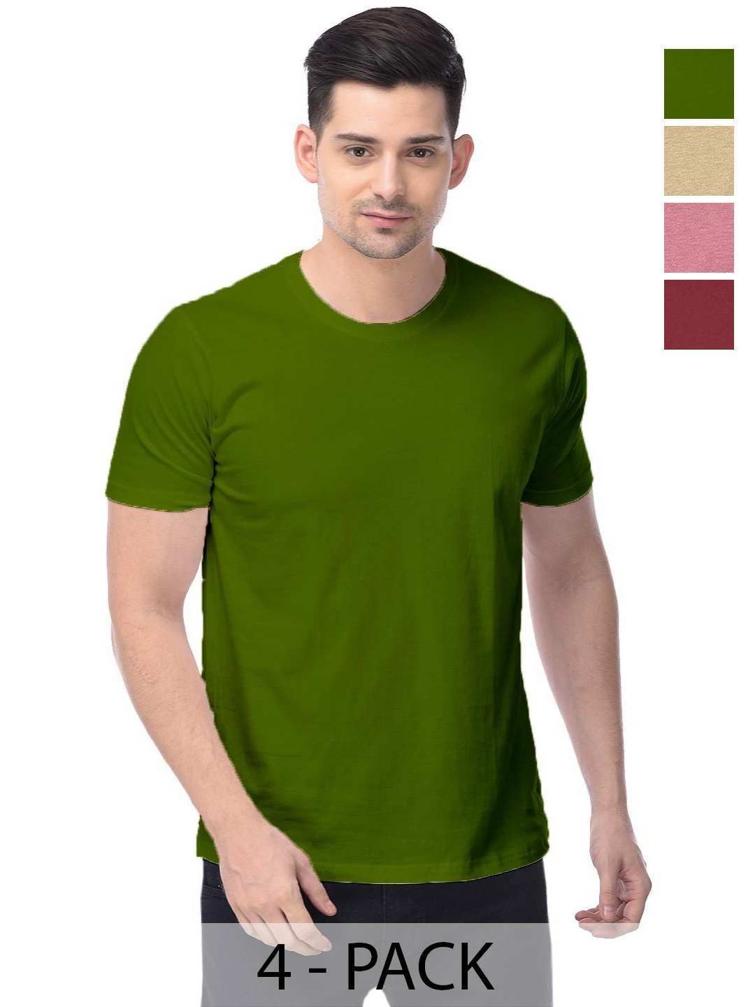 

COLOR CAPITAL Unisex Pack Of 4 Solid Round Neck Cotton T-shirts, Olive