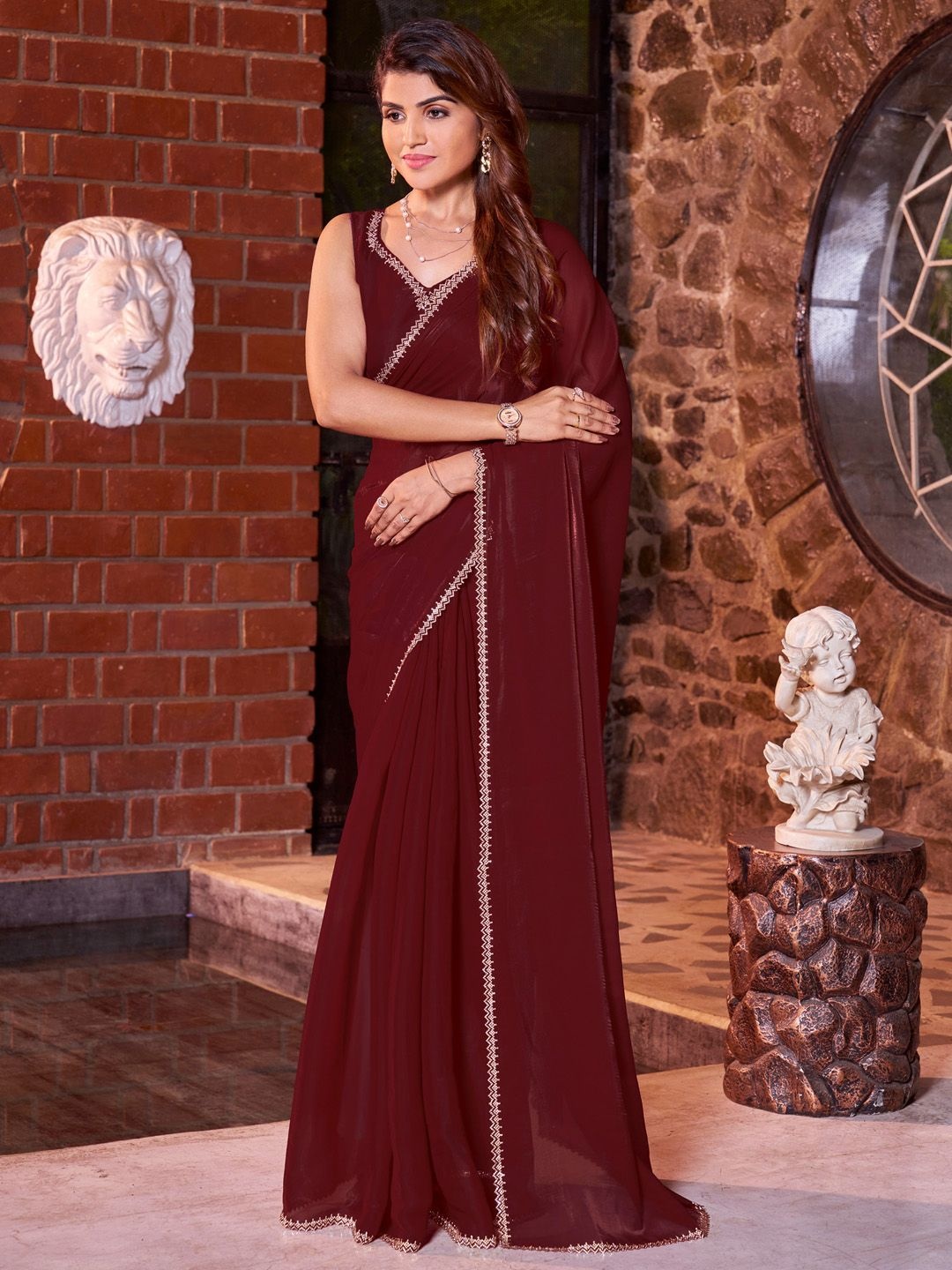

Anouk Beads and Stones Satin Saree, Maroon