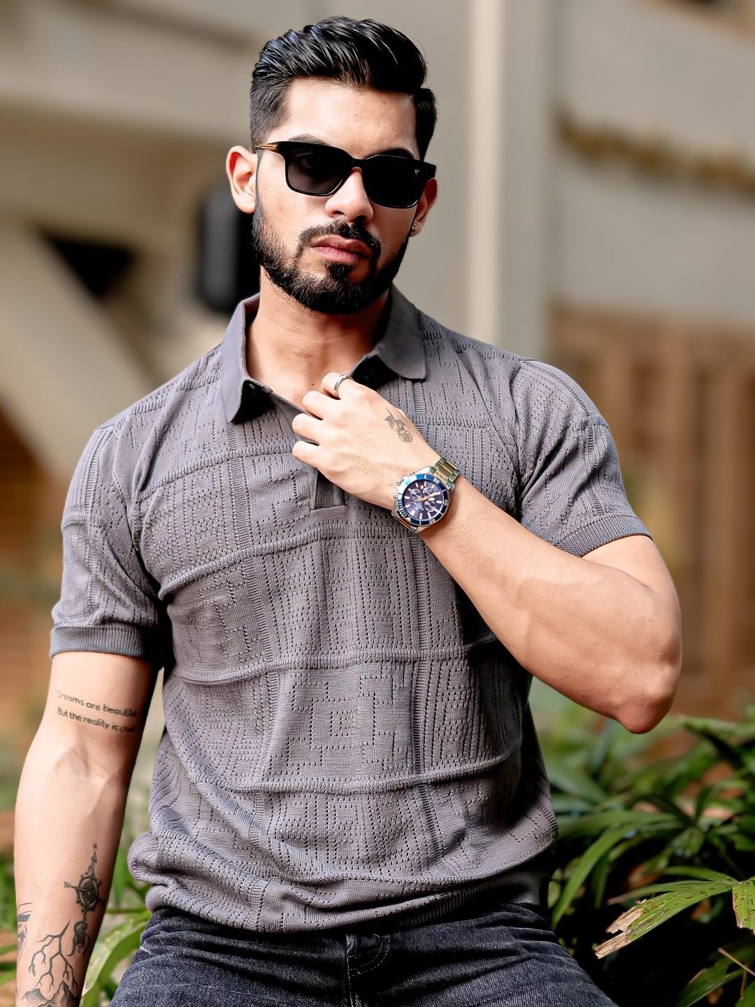 

Maniac Men Self Design Polo Collar Cotton Slim Fit T-shirt, Grey
