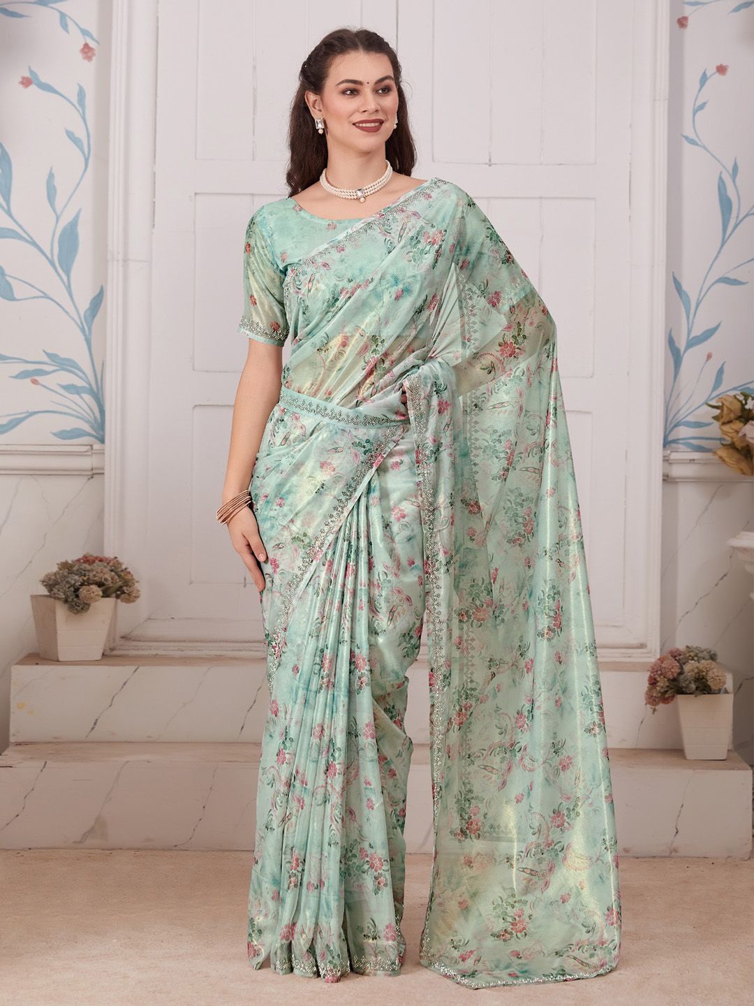 

Anouk Floral Printed Beads and Stones Organza Saree, Sea green
