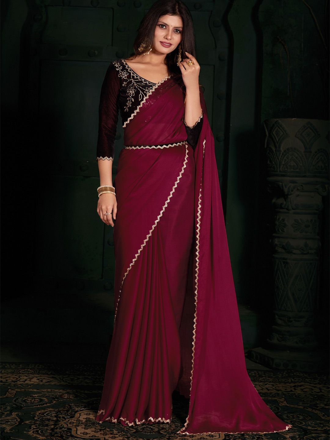 

Anouk Beads and Stones Poly Chiffon Saree, Pink