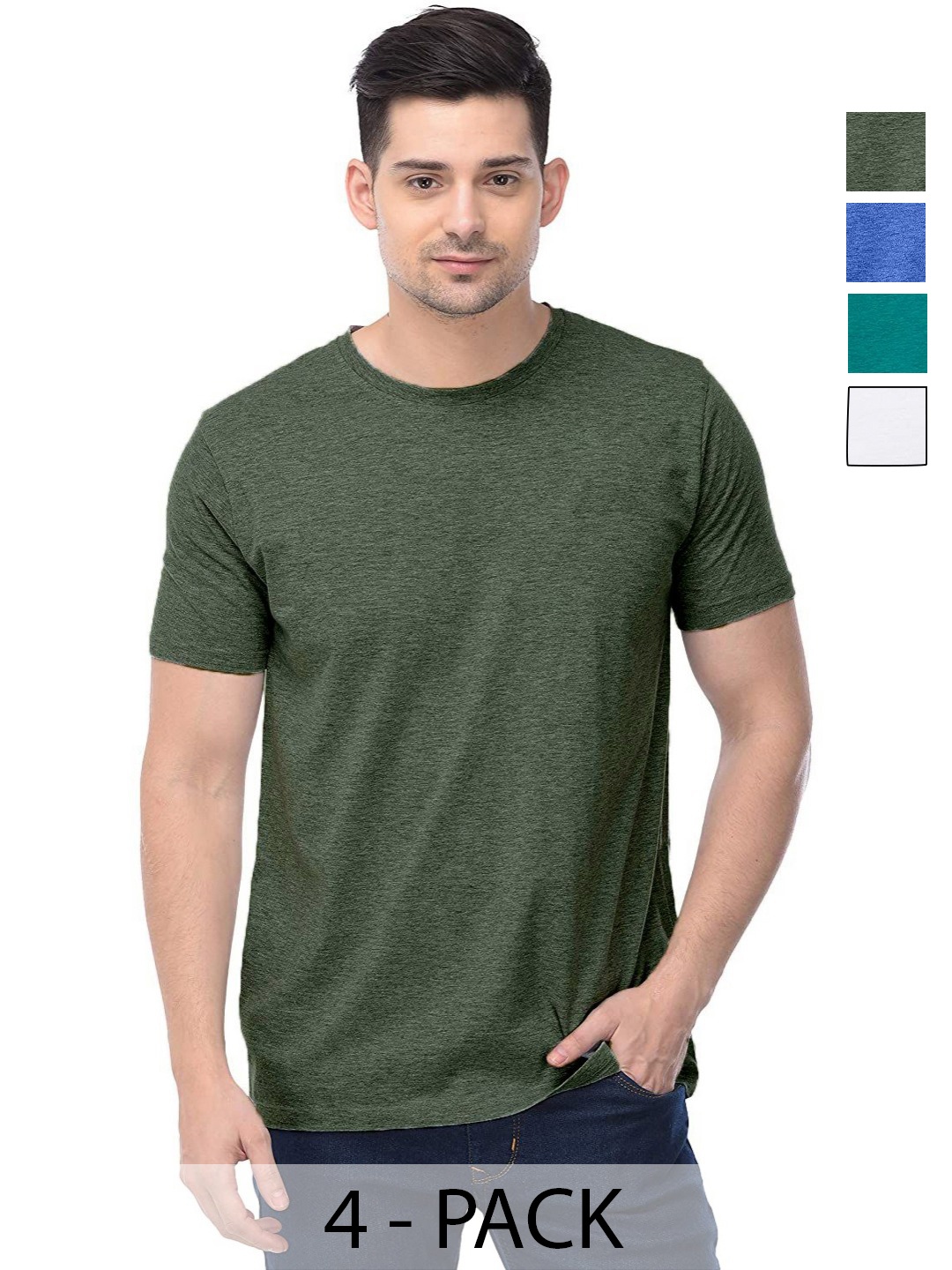 

COLOR CAPITAL Unisex Pack Of 4 Solid Round Neck Cotton T-shirts, Olive