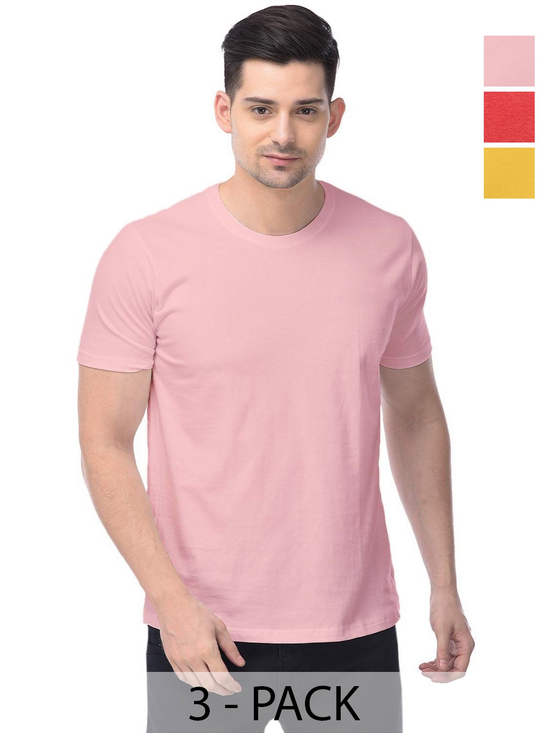

COLOR CAPITAL Unisex Pack Of 3 Solid Round Neck Cotton T-shirts, Pink