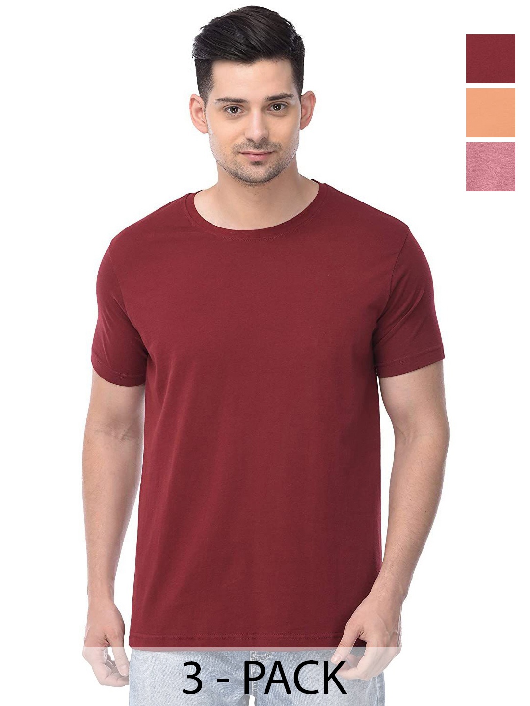 

COLOR CAPITAL Unisex Pack Of 3 Solid Round Neck Cotton T-shirts, Maroon