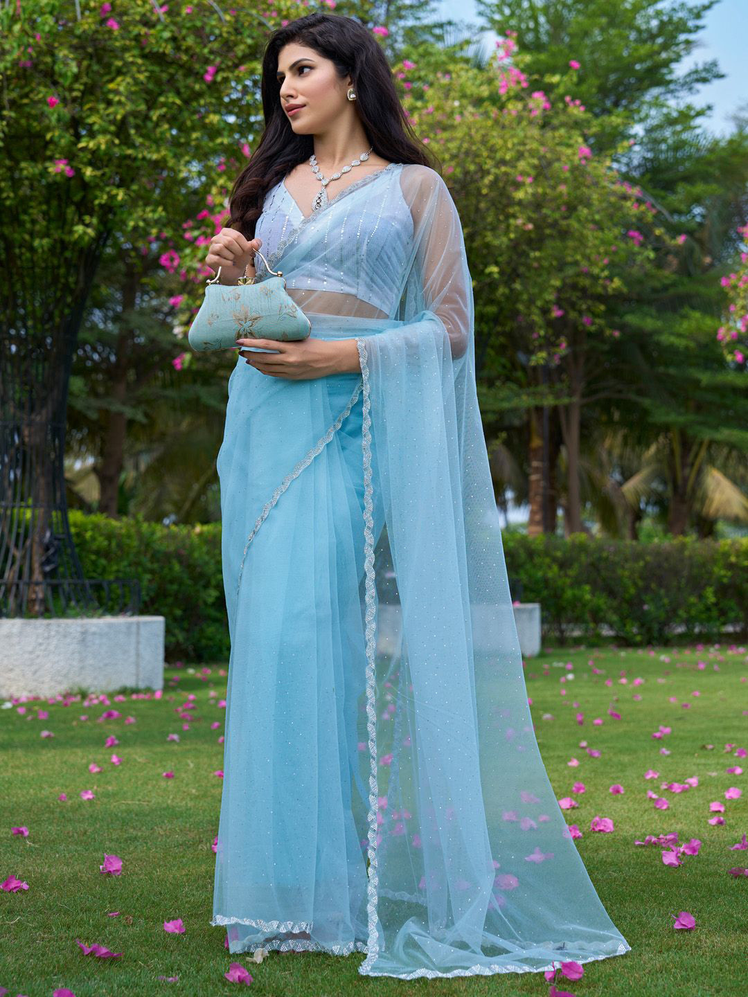 

Anouk Embellished Beads and Stones Net Saree, Blue