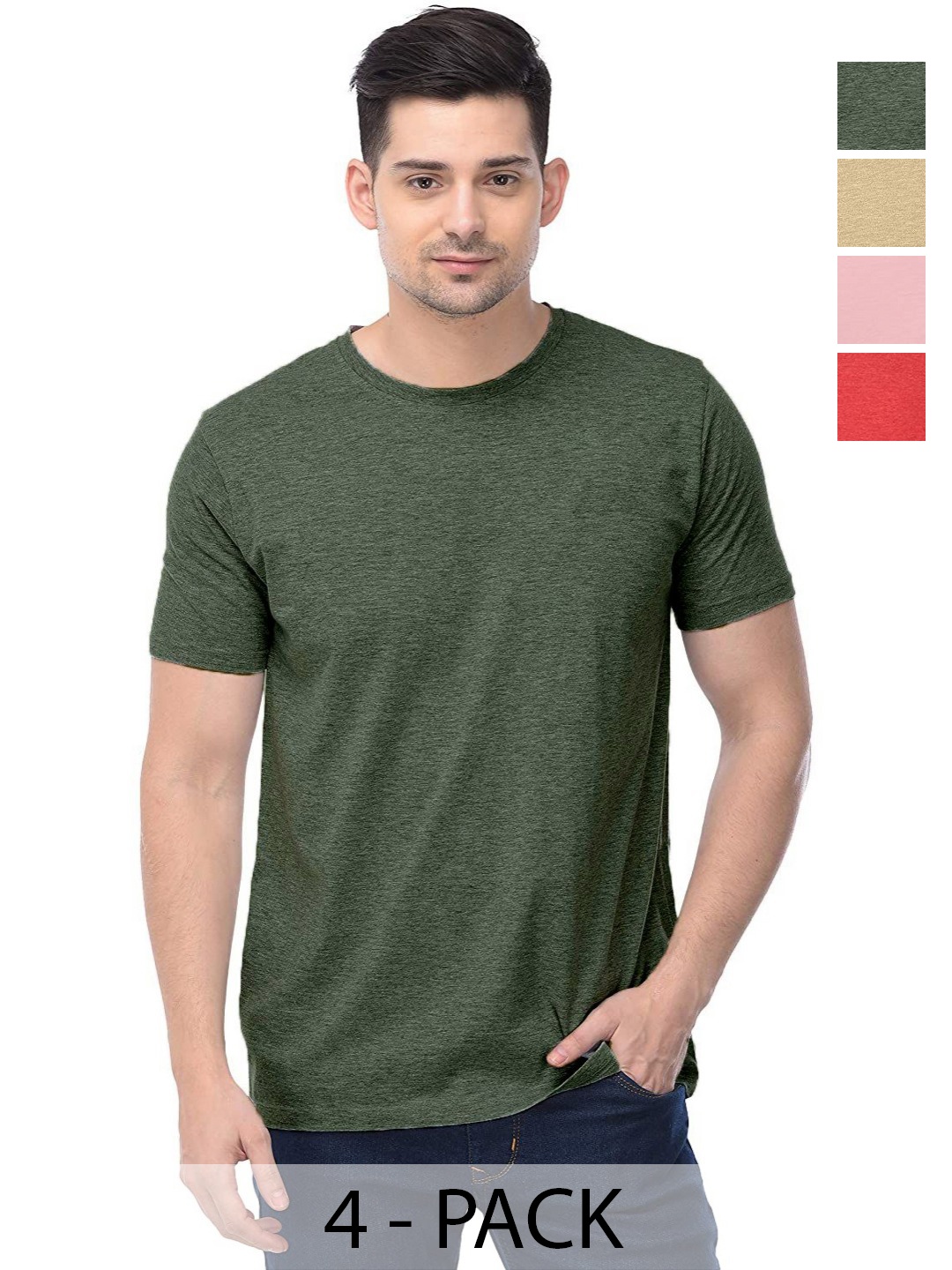 

COLOR CAPITAL Unisex Pack Of 4 Solid Round Neck Cotton T-shirts, Olive