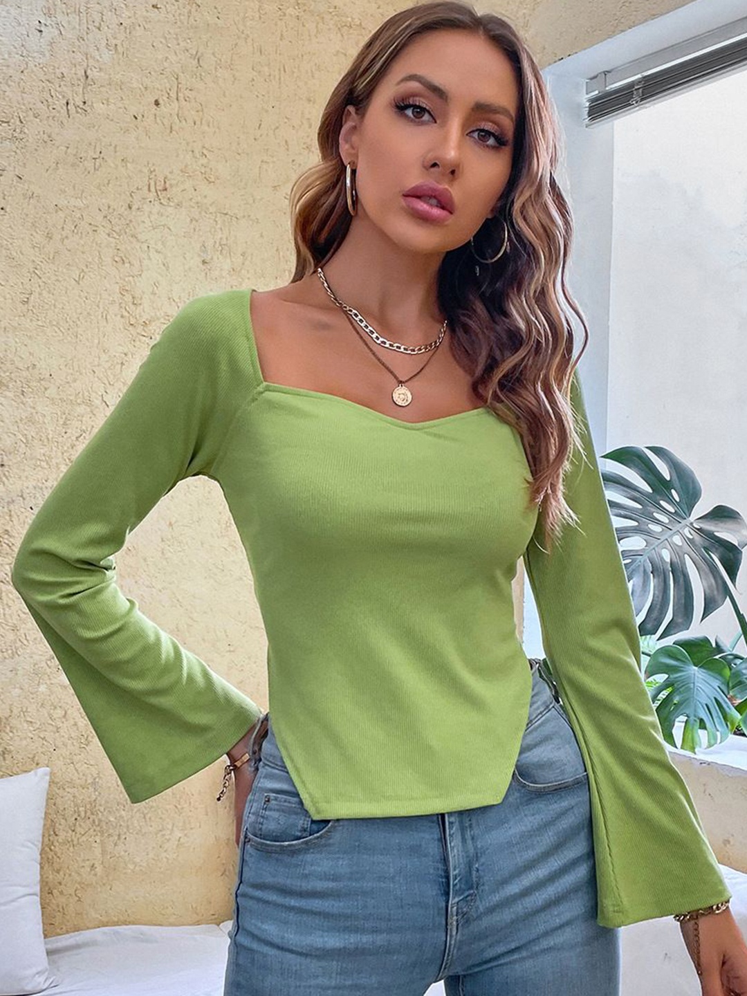

StyleCast Women Solid Sweetheart Neck Cotton Top, Green