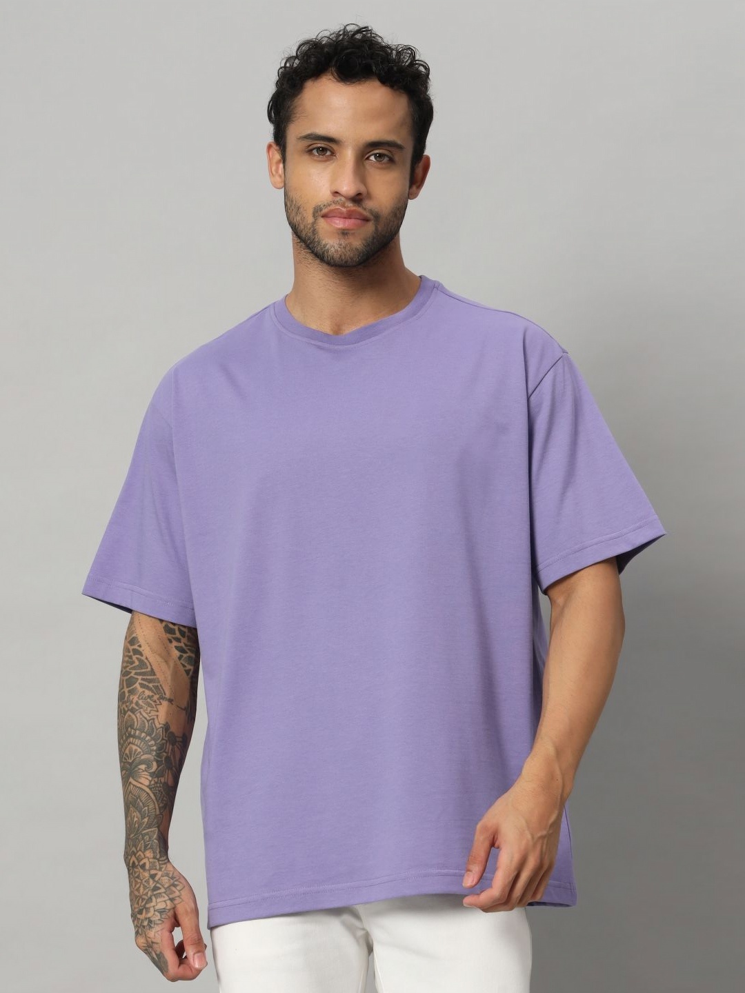 

SWAGNOX Men Solid Round Neck Cotton Oversized T-shirt, Lavender