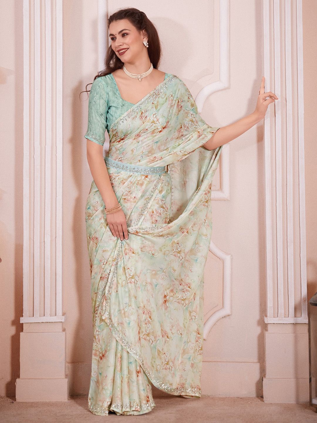 

Anouk Beads and Stones Satin Belted Saree, Sea green