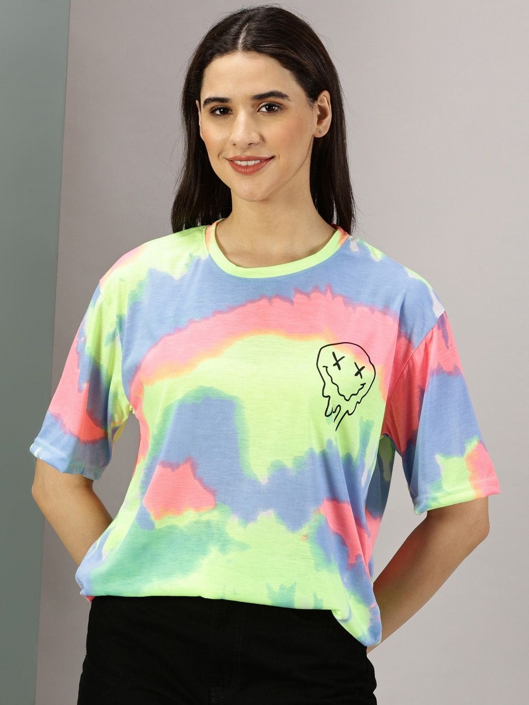 

Rodzen Women Dyed Round Neck Synthetic Oversized T-shirt, Lime green