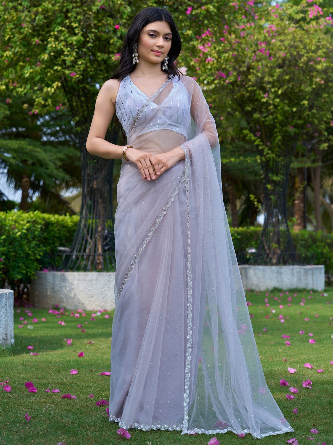 

Anouk Embellished Beads and Stones Net Saree, Rose gold