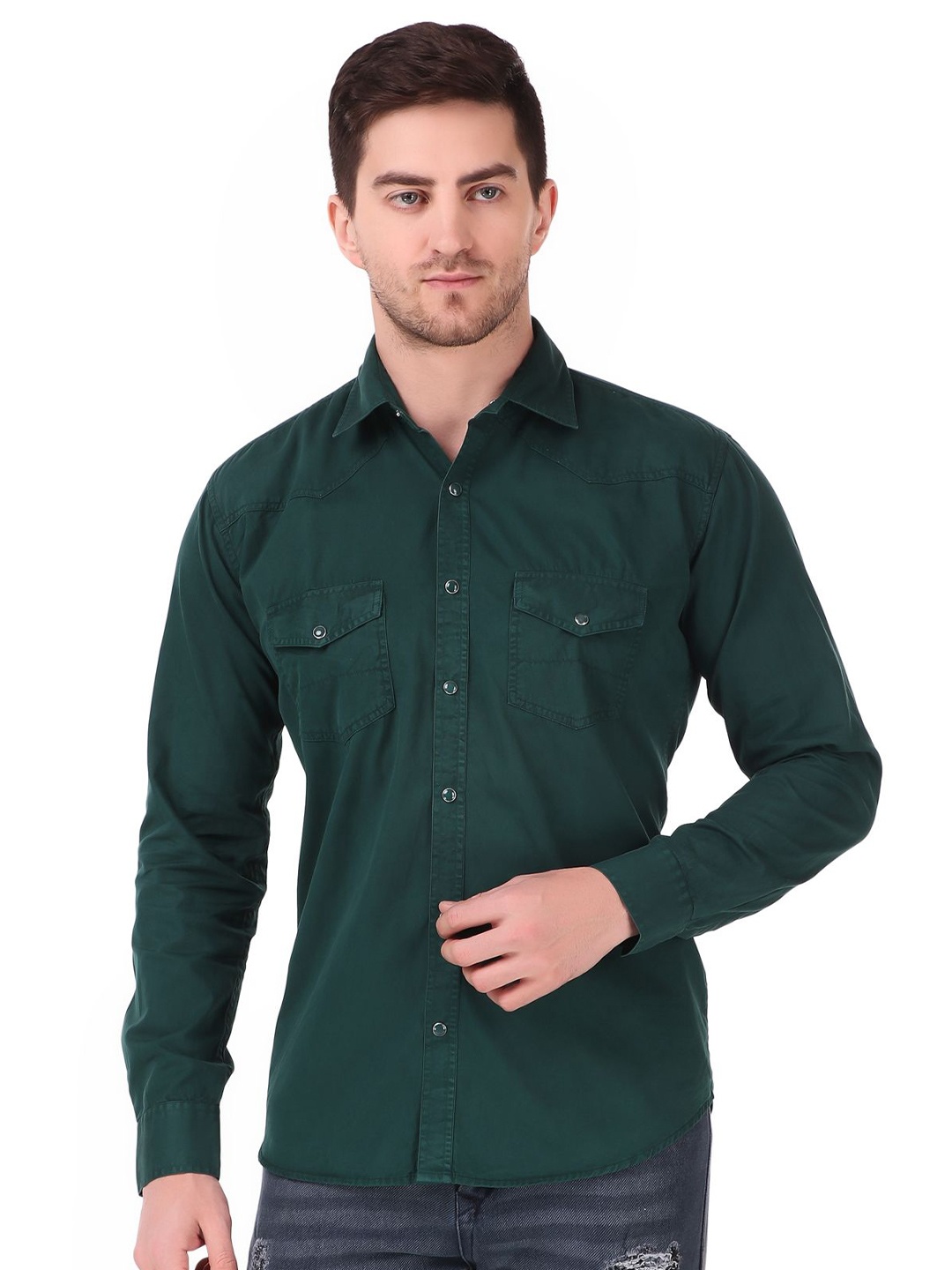 

DESIGN UP Men Classic Spread Collar Solid Denim Slim Fit Casual Shirt, Green