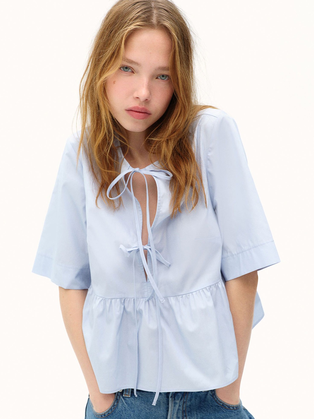 

H&M Tie-Front Poplin Blouse Tops, Blue