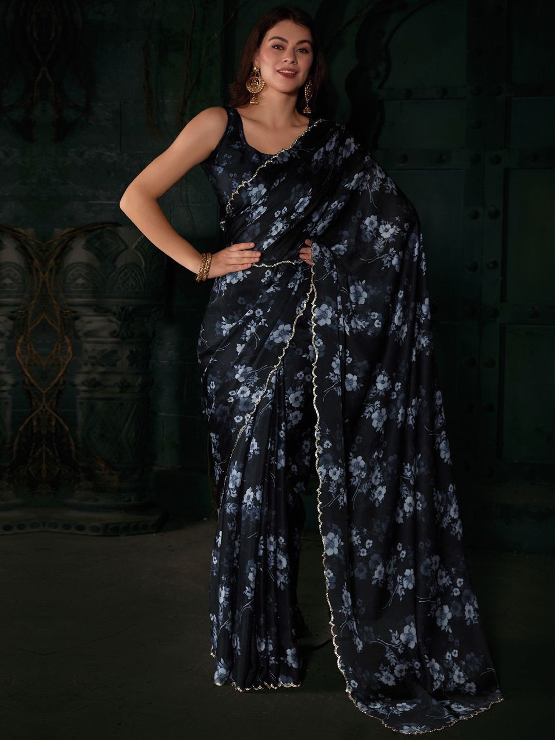 

Anouk Beads and Stones Satin Saree, Black