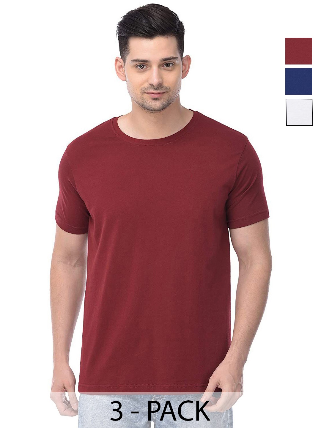 

COLOR CAPITAL Unisex Pack Of 3 Solid Round Neck Cotton T-shirts, Maroon