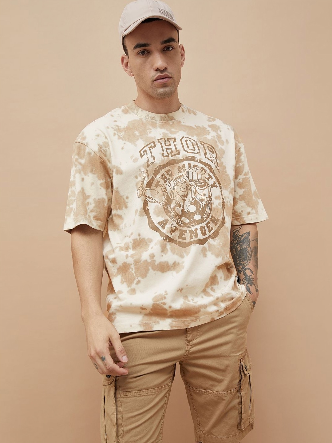 

Fame Forever by Lifestyle Men Graphic Printed Round Neck Cotton Oversized T-shirt, Beige