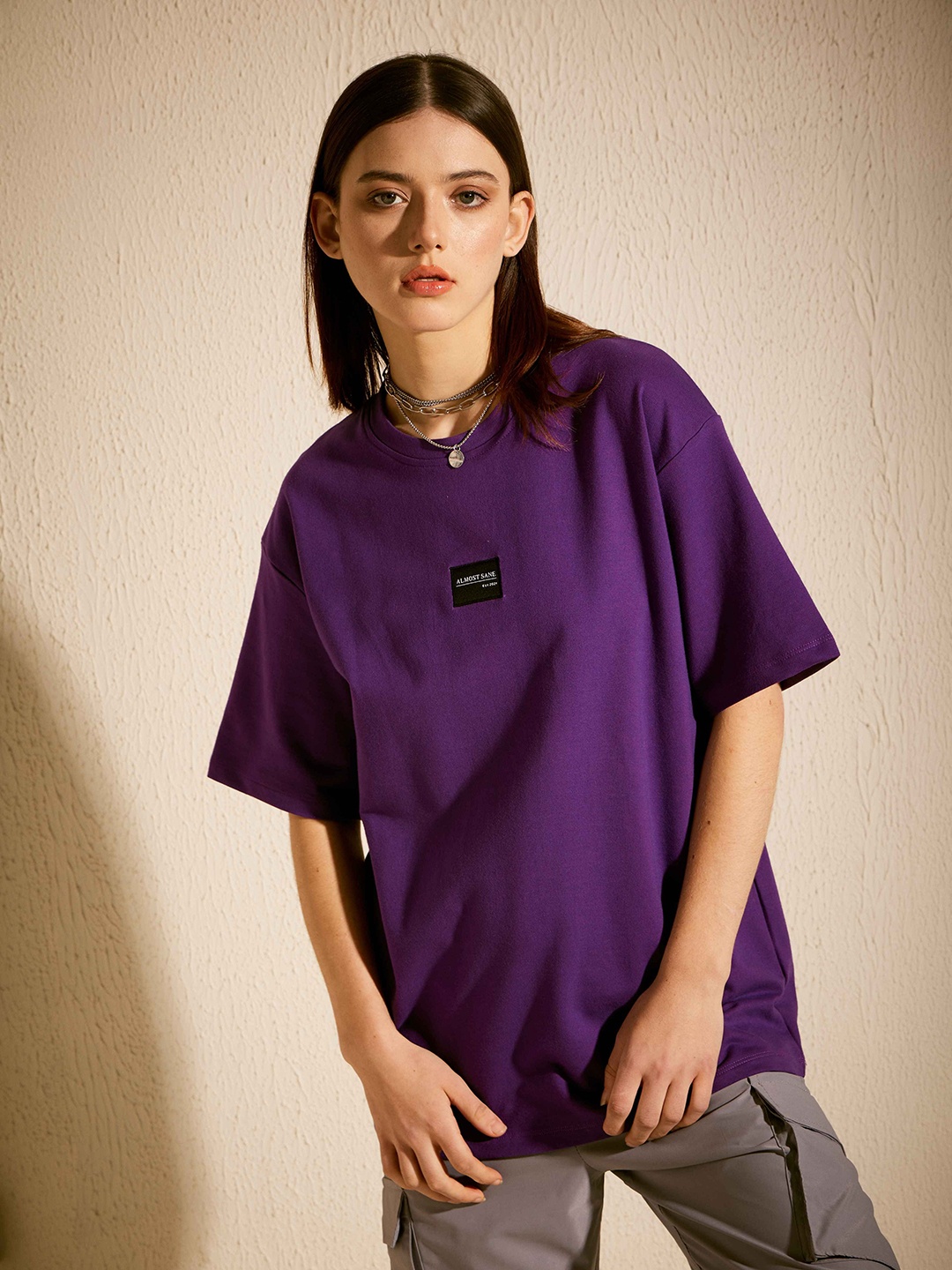 

ALMOST SANE Women Solid Round Neck Cotton Oversized T-shirt, Purple