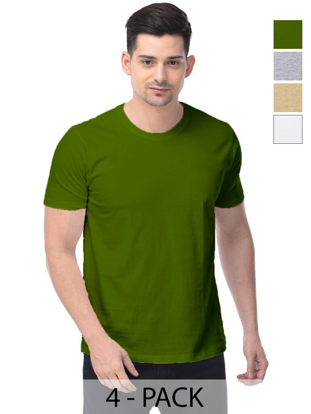 

COLOR CAPITAL Unisex Pack Of 4 Solid Round Neck Cotton T-shirts, Olive