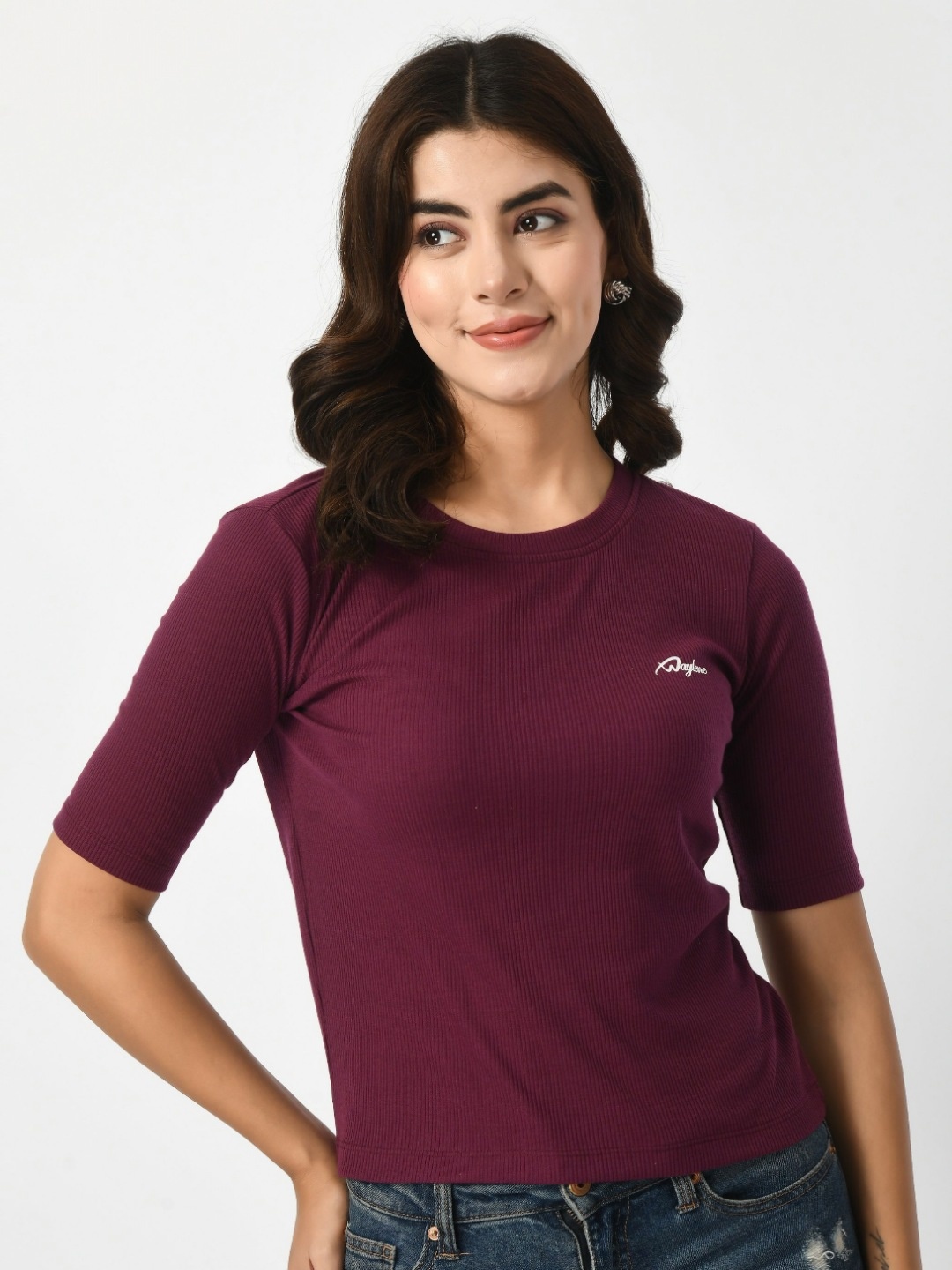 

WAYLENE Women Solid Round Neck Slim Fit T-shirt, Maroon