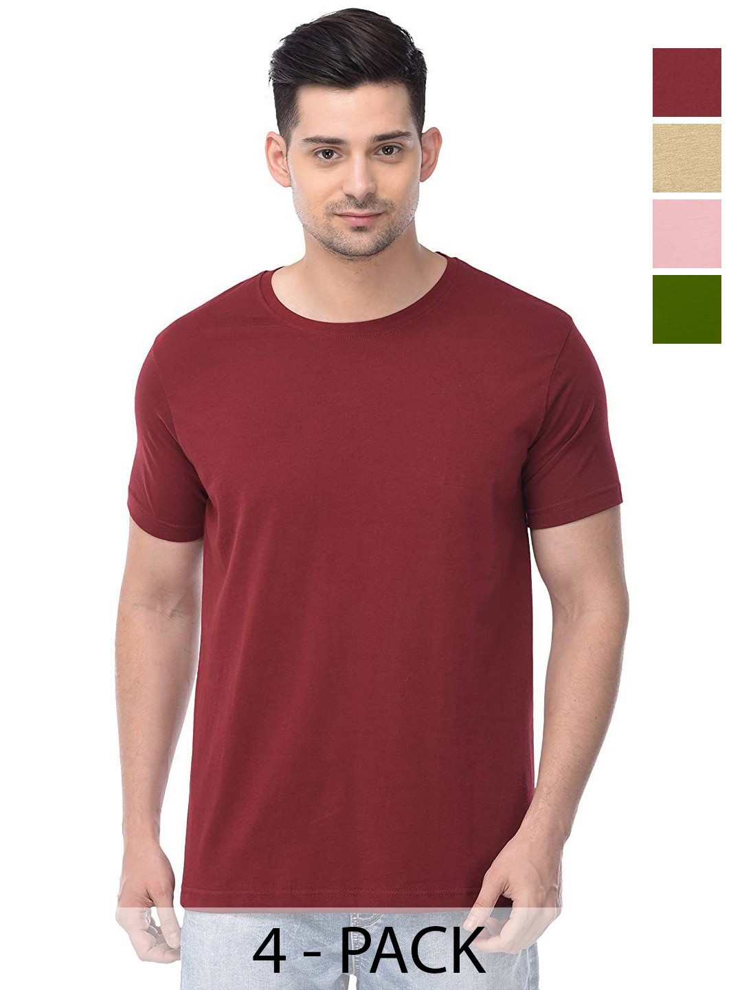 

COLOR CAPITAL Unisex Pack Of 4 Solid Round Neck Cotton T-shirts, Maroon