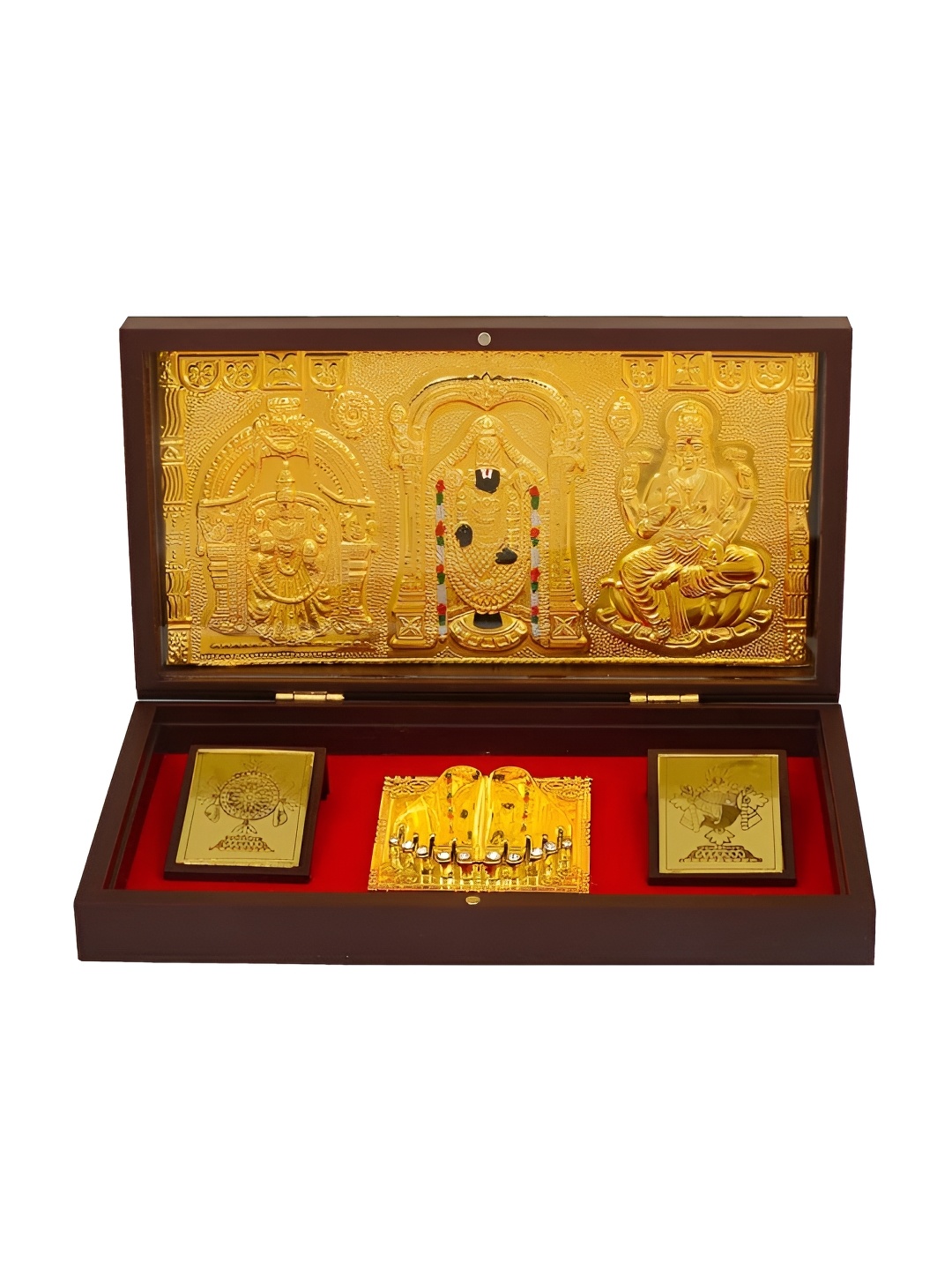 

INTERNATIONAL GIFT Gold Toned & Red Metal Charan Paduka Box
