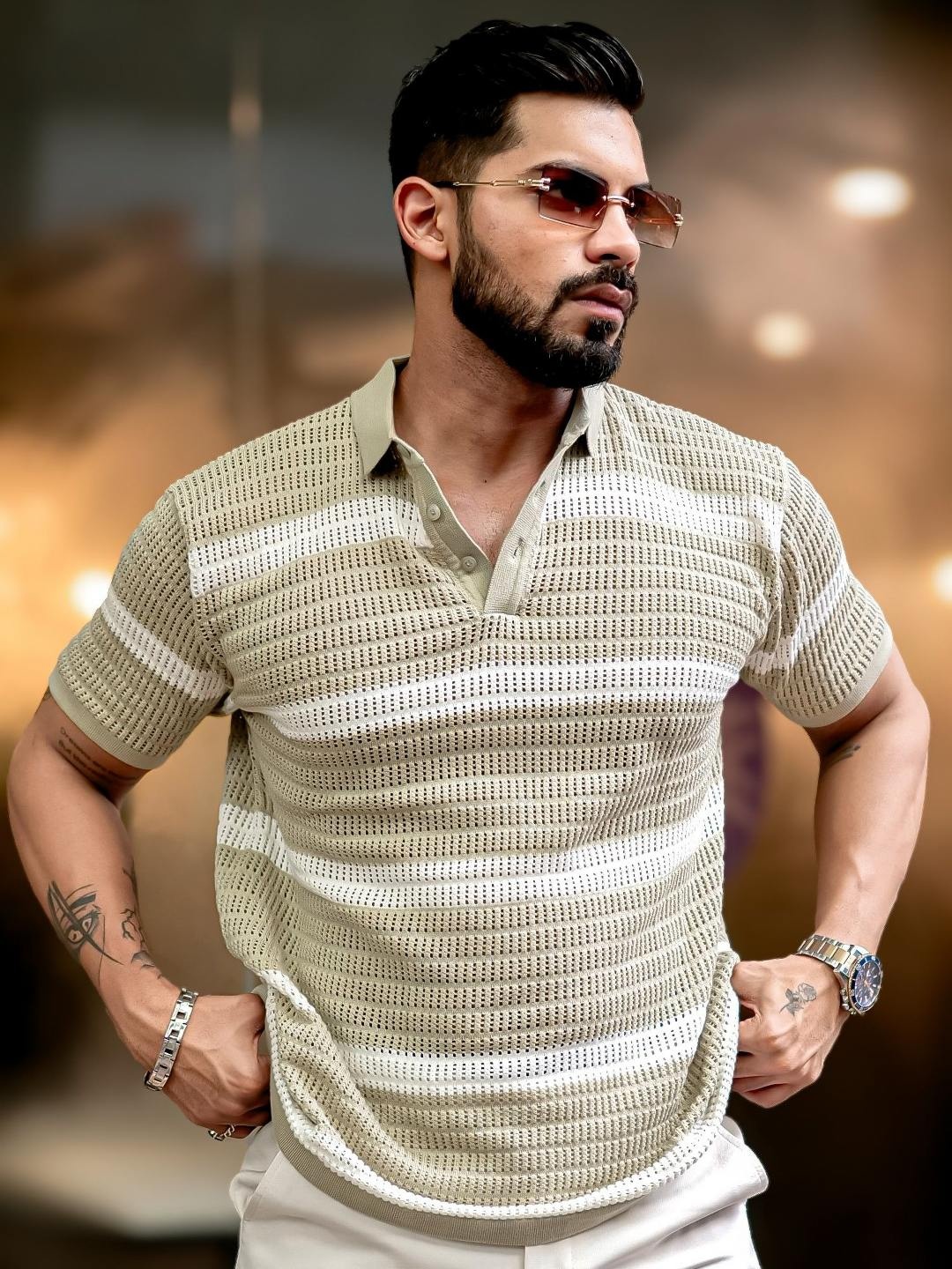 

Maniac Men Self Design Polo Collar Cotton Slim Fit T-shirt, Beige
