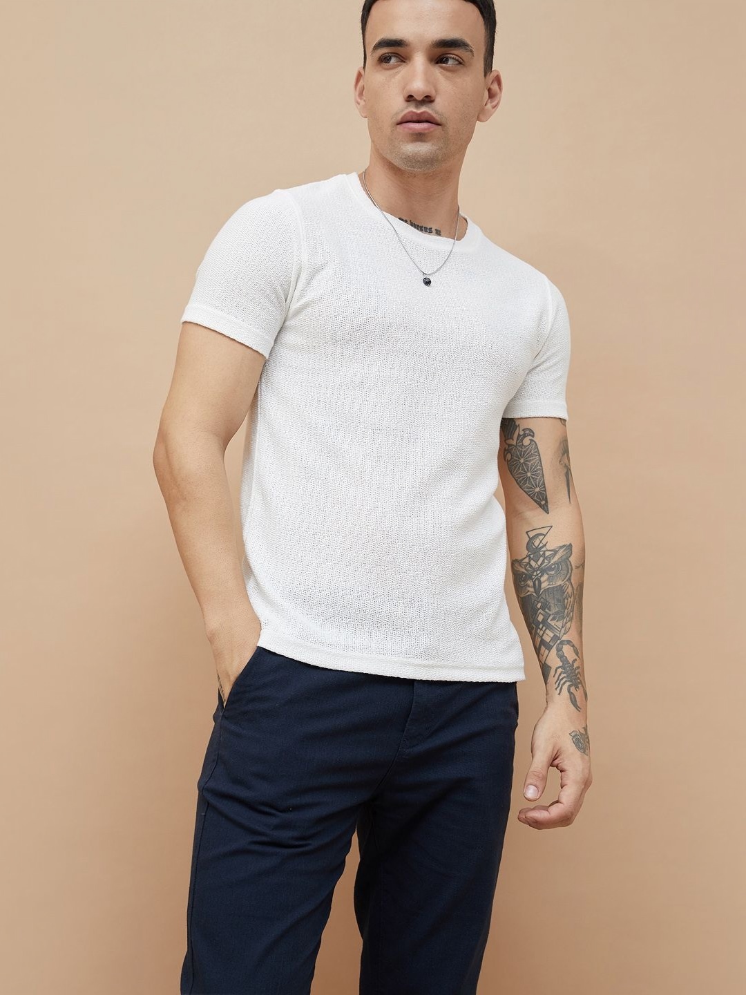 

Fame Forever by Lifestyle Men Solid Round Neck Cotton Slim Fit T-shirt, White