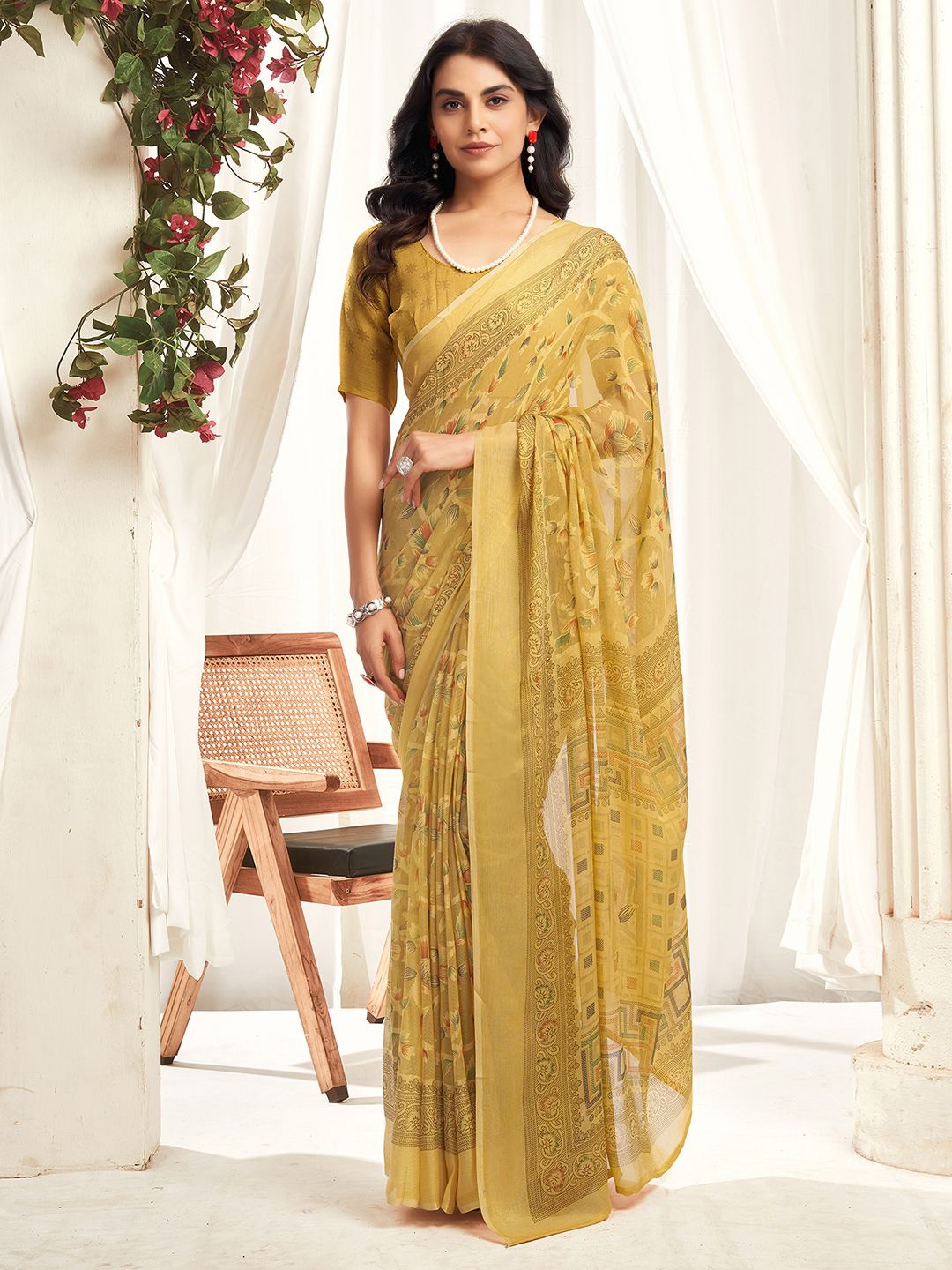 

KALINI Floral Print Pure Chiffon Dabu Saree, Yellow