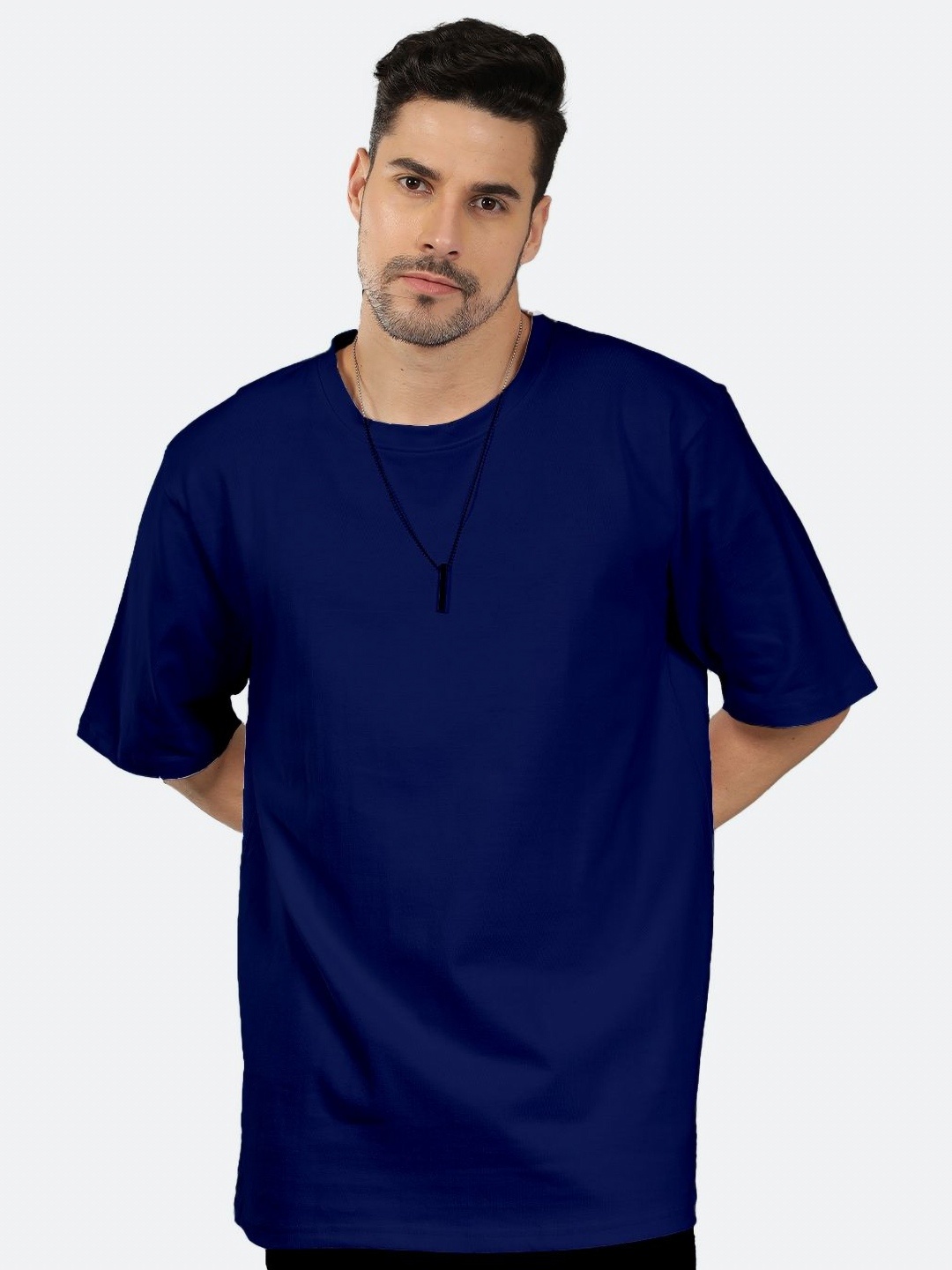 

Mad Over Print Men Drop-Shoulder Sleeves Raw Edge T-shirt, Navy blue