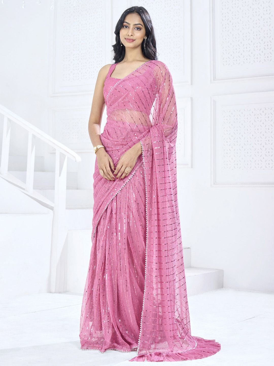 

Anouk Embellished Sequinned Ready to Wear Saree, Pink