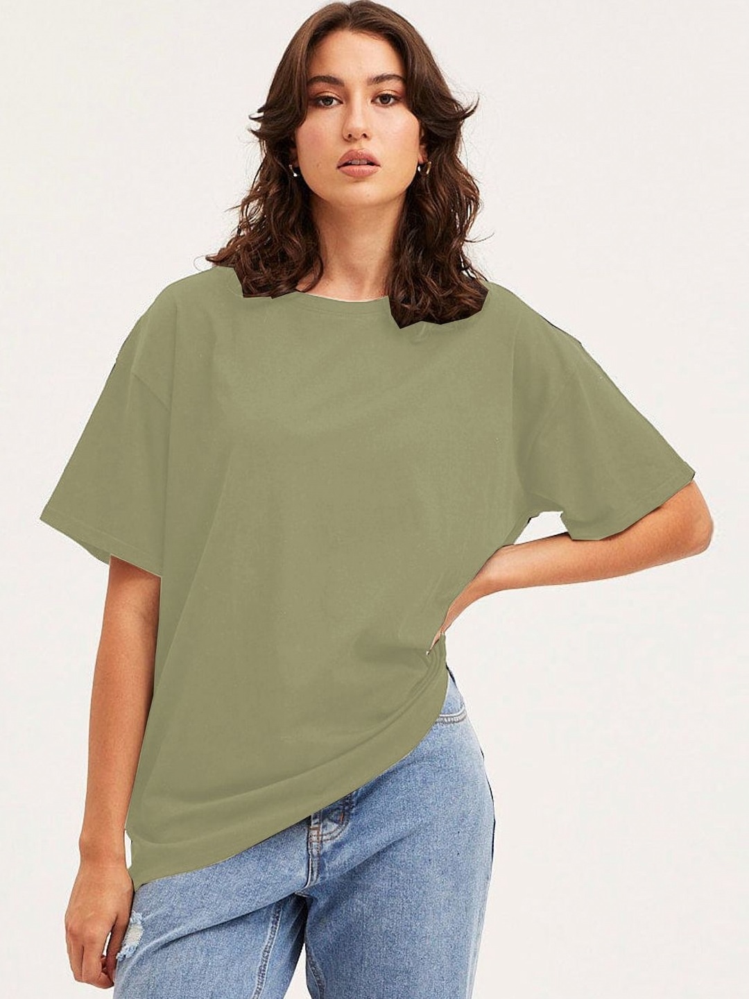 

CLAFOUTIS Women Solid Round Neck Cotton Relaxed Fit T-shirt, Green