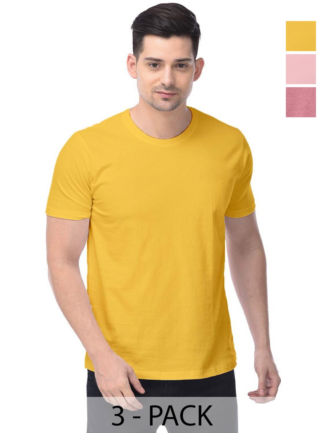 

COLOR CAPITAL Unisex Pack Of 3 Solid Round Neck Cotton T-shirts, Yellow