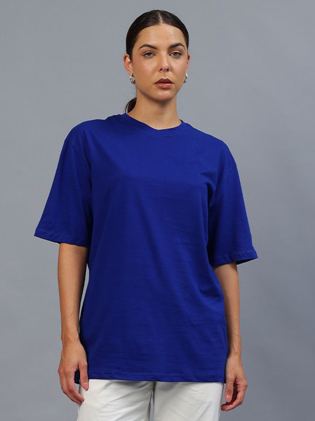 

Mad Over Print Women Solid Round Neck Cotton Oversized T-shirt, Navy blue