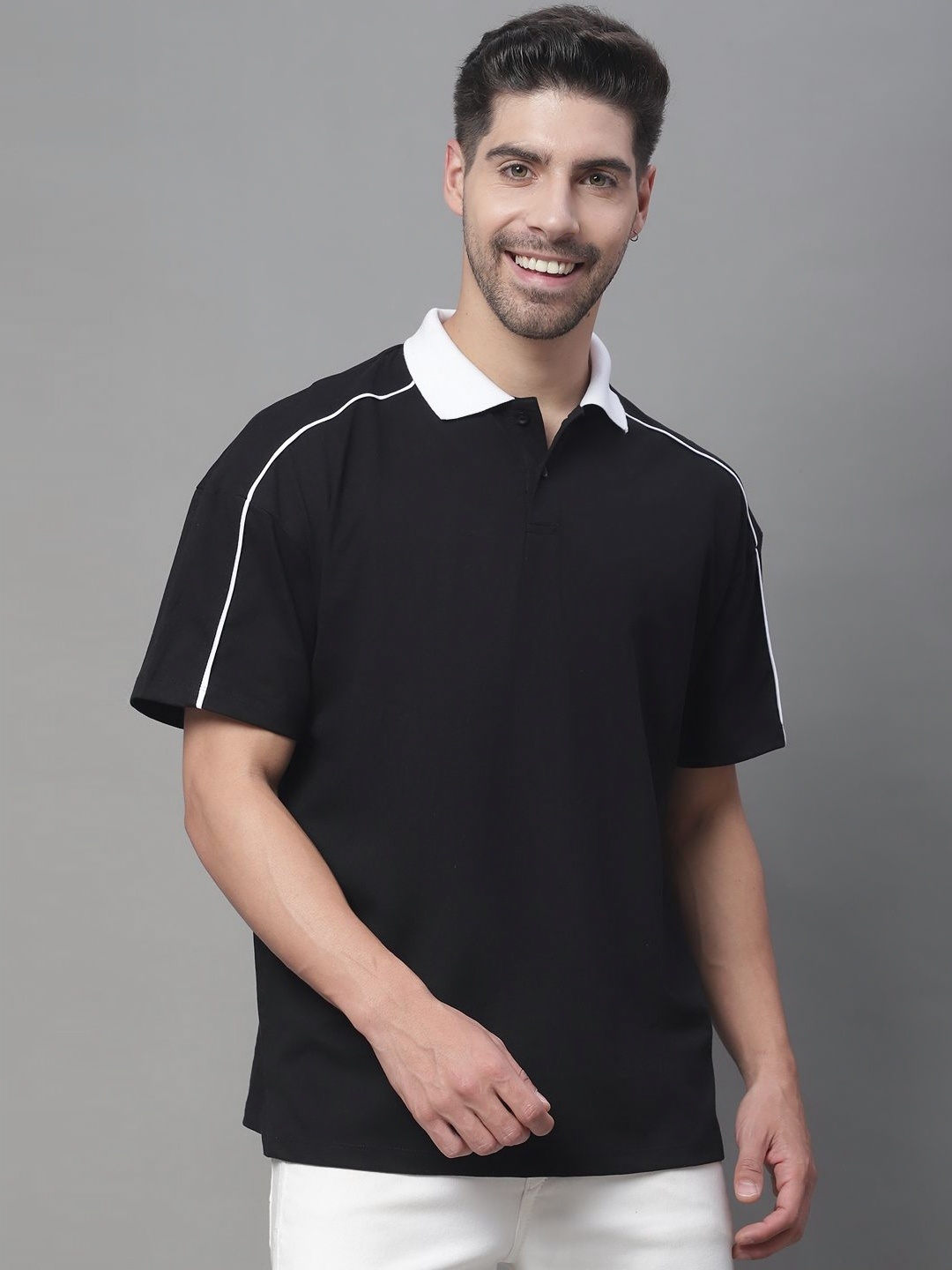 

DOOR74 Men Solid Polo Collar Cotton Oversized T-shirt, Black