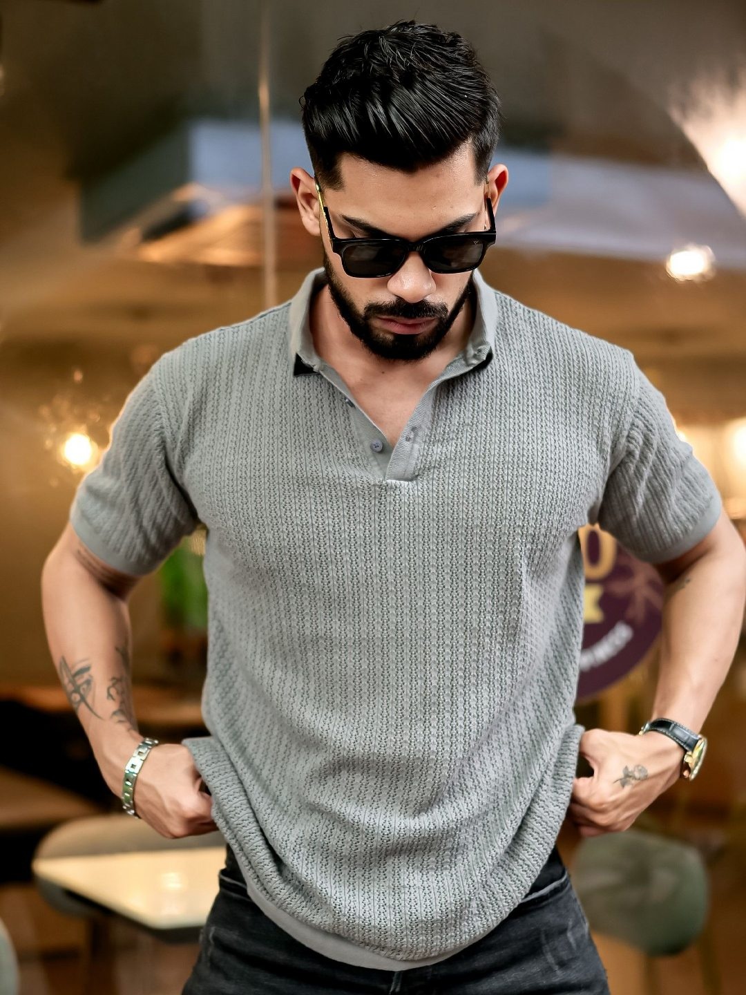 

Maniac Men Self Design Polo Collar Cotton Slim Fit T-shirt, Grey