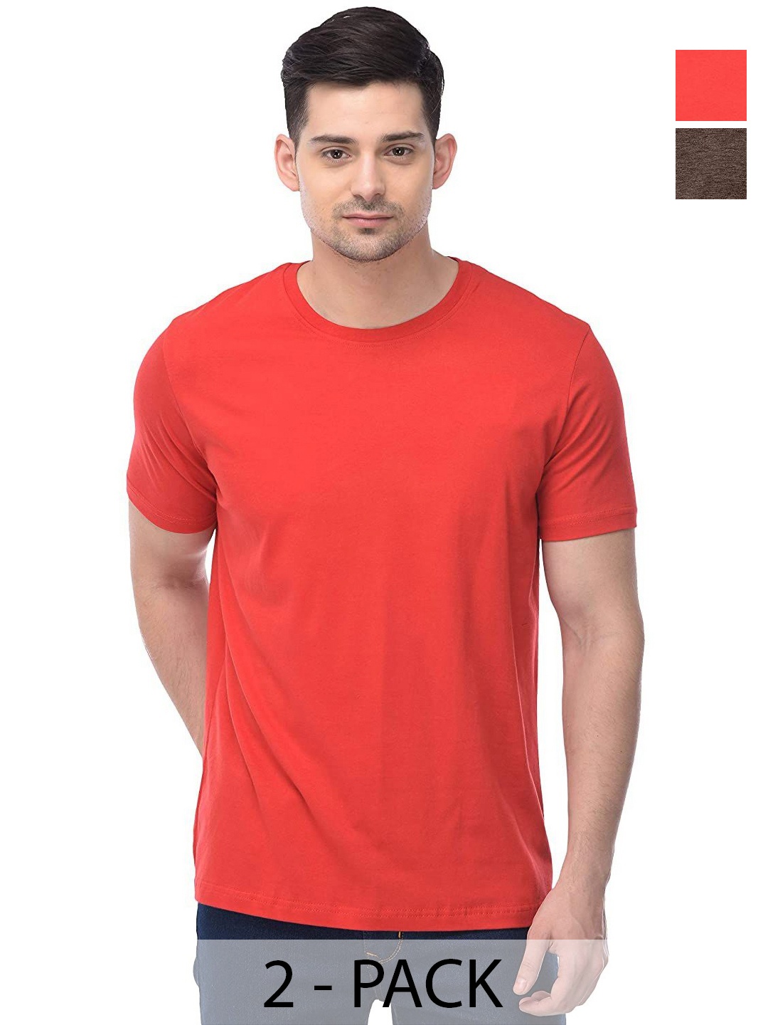 

COLOR CAPITAL Unisex Pack Of 2 Solid Round Neck Cotton T-shirts, Red