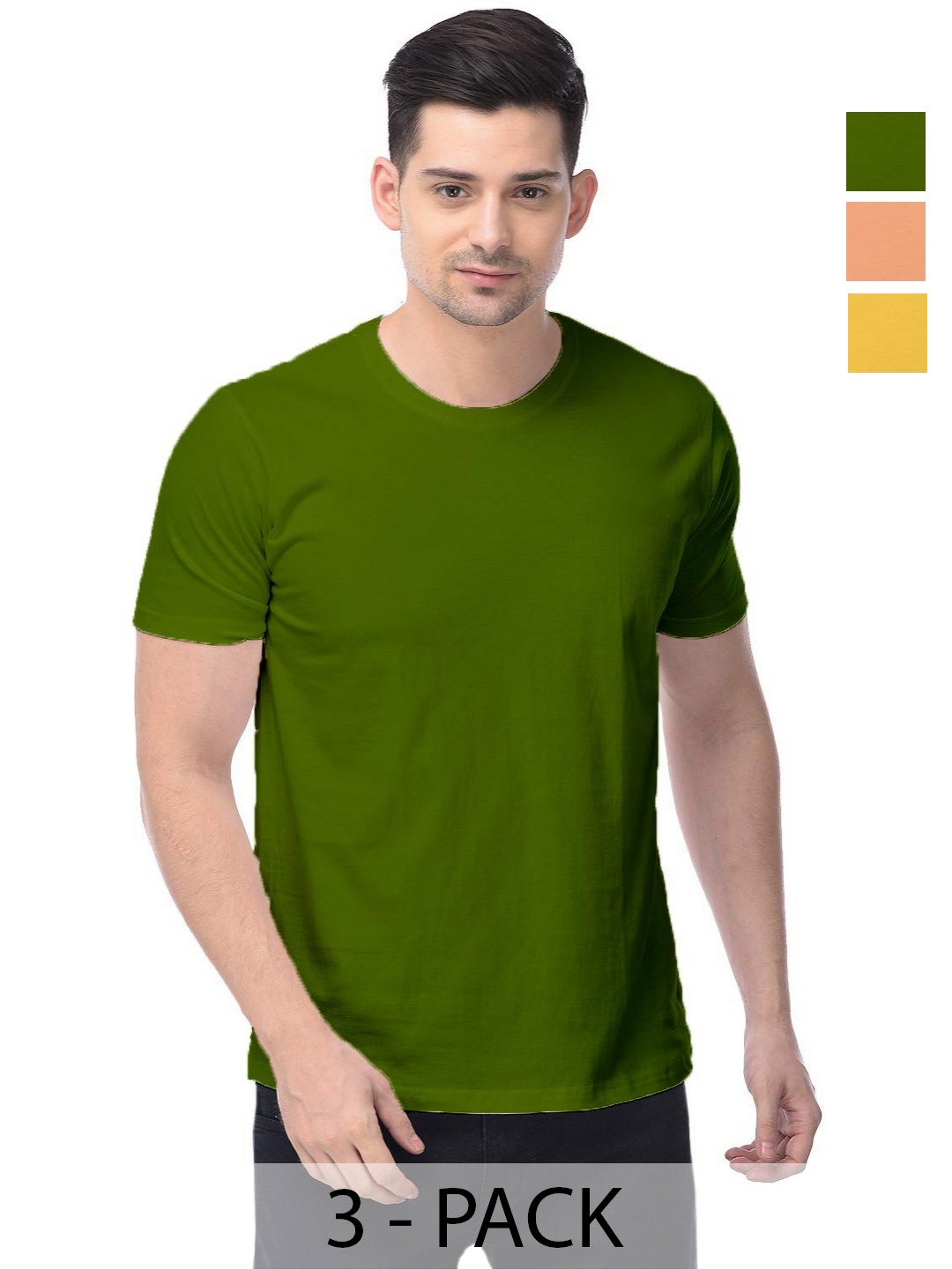 

COLOR CAPITAL Unisex Pack Of 3 Solid Round Neck Cotton T-shirts, Olive