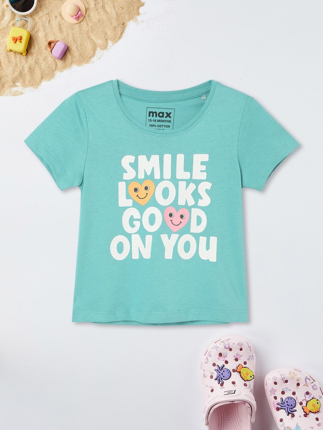 

max Girls Typography Printed Round Neck Cotton T-shirt, Green