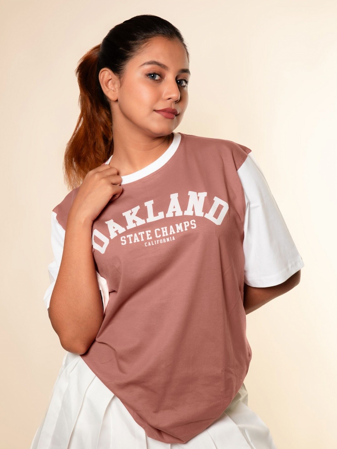 

Maniac Women Typography Printed Round Neck Cotton Oversized T-shirt, Pink