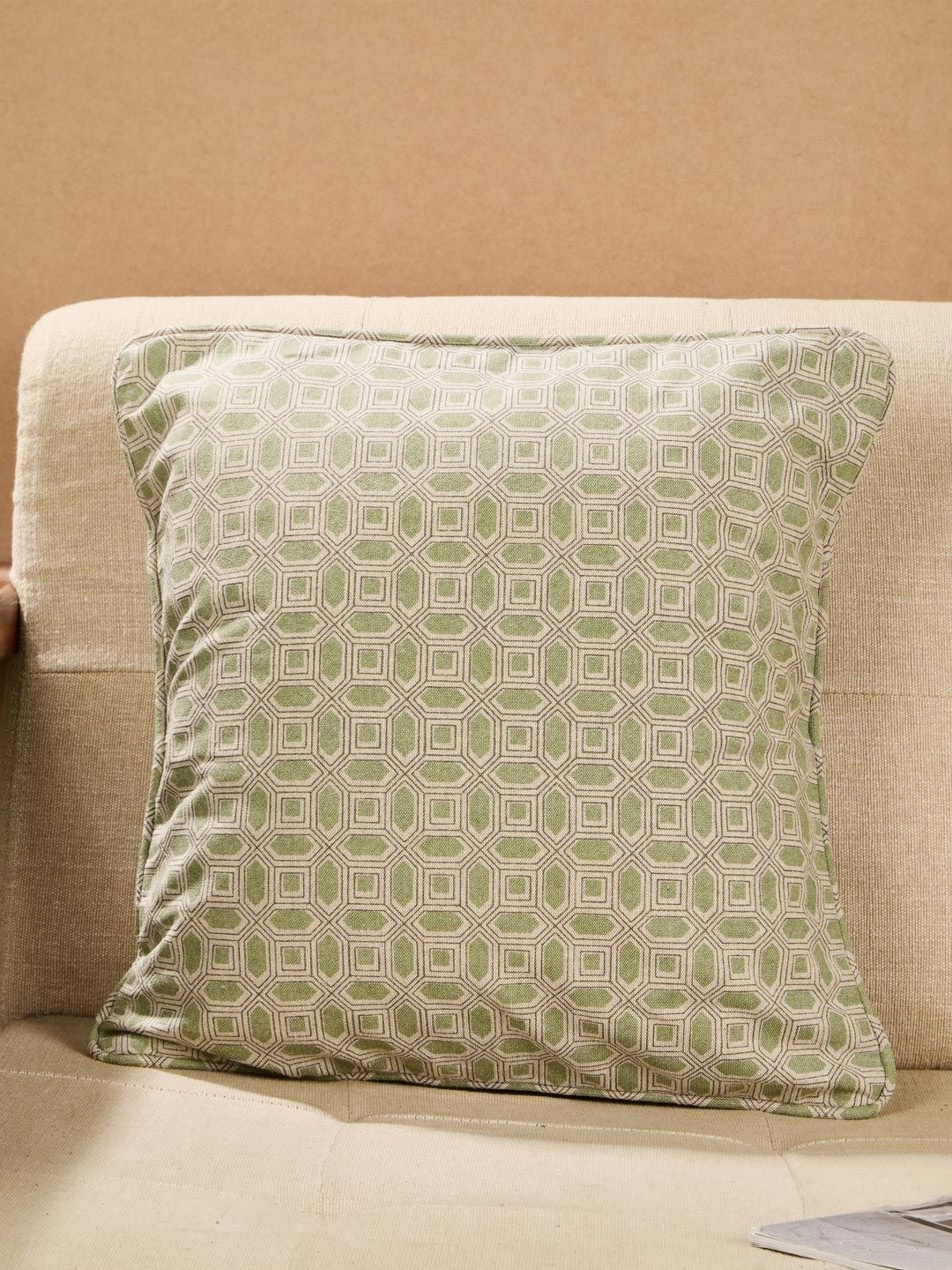 

Fabindia Standalone Olive Green & Beige Geometric Printed Cotton Square Cushion Cover